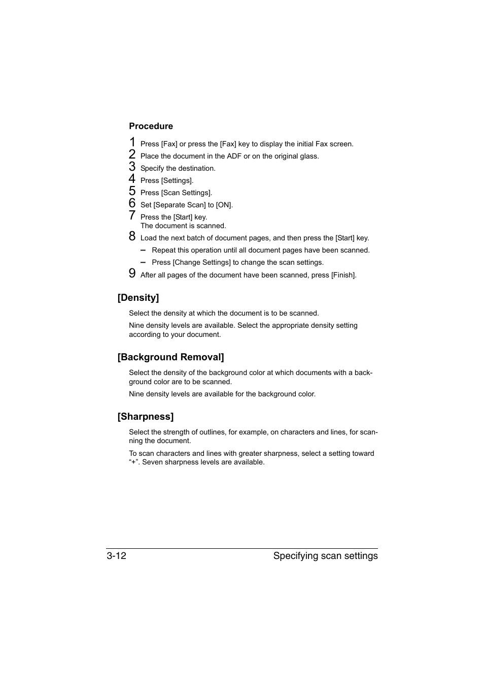 Procedure, Density, Background removal | Sharpness, Procedure -12 | Konica Minolta bizhub C35 User Manual | Page 57 / 140