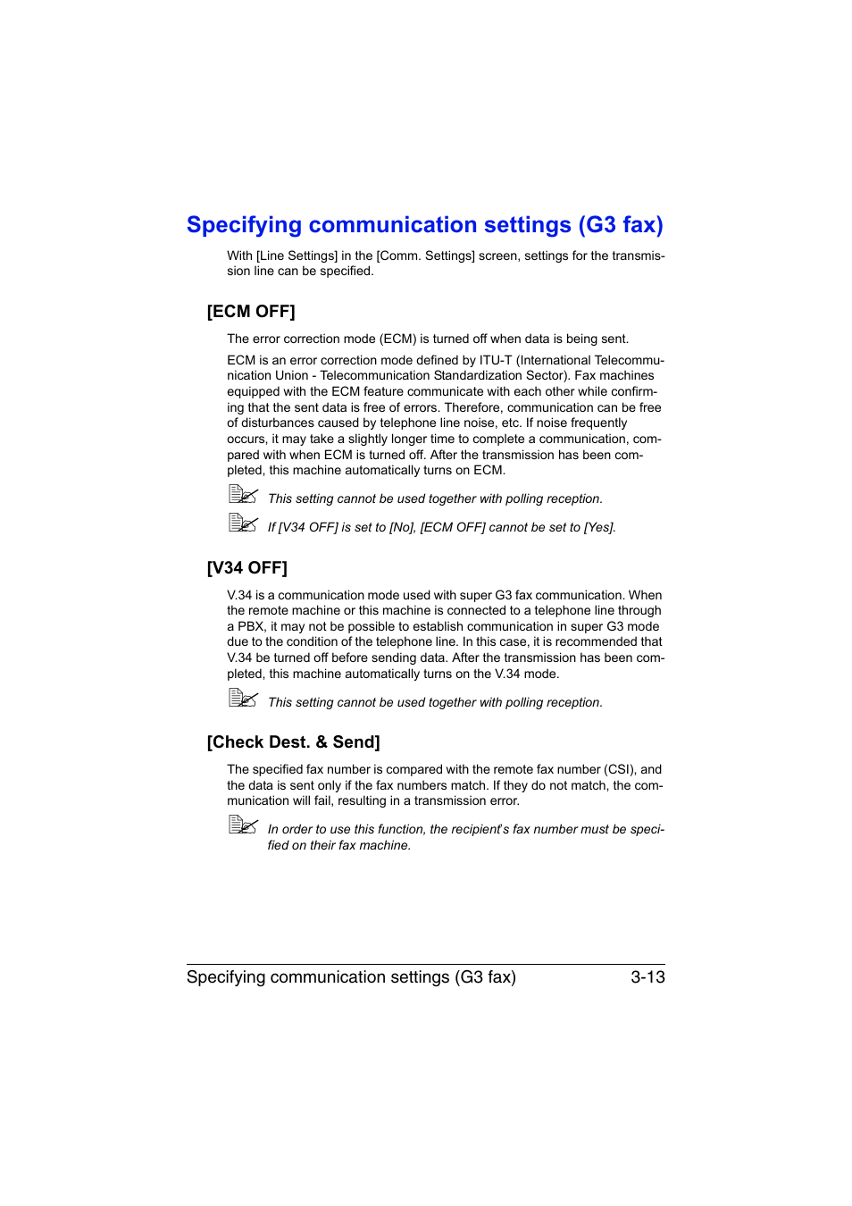 Specifying communication settings (g3 fax), Ecm off, V34 off | Check dest. & send, Specifying communication settings (g3 fax) -13 | Konica Minolta bizhub C35 User Manual | Page 58 / 140