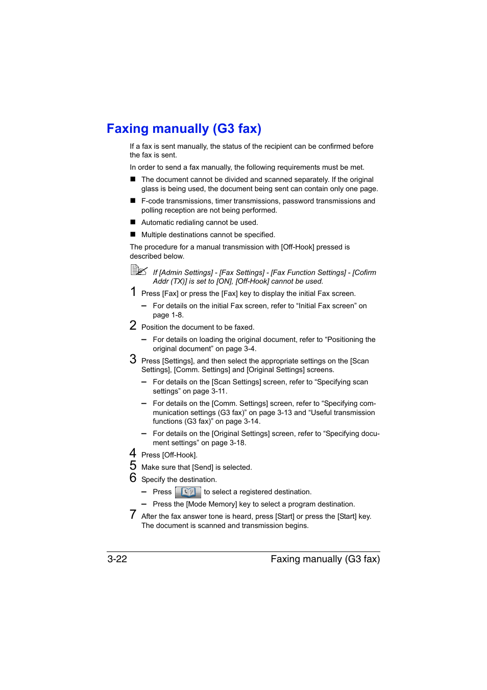 Faxing manually (g3 fax), Faxing manually (g3 fax) -22 | Konica Minolta bizhub C35 User Manual | Page 67 / 140