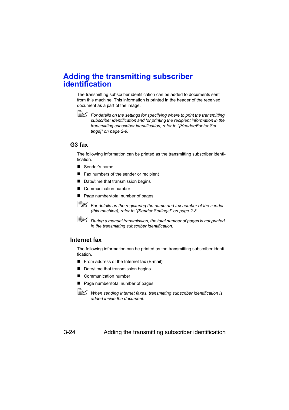 Adding the transmitting subscriber identification, G3 fax, Internet fax | G3 fax -24 internet fax -24 | Konica Minolta bizhub C35 User Manual | Page 69 / 140