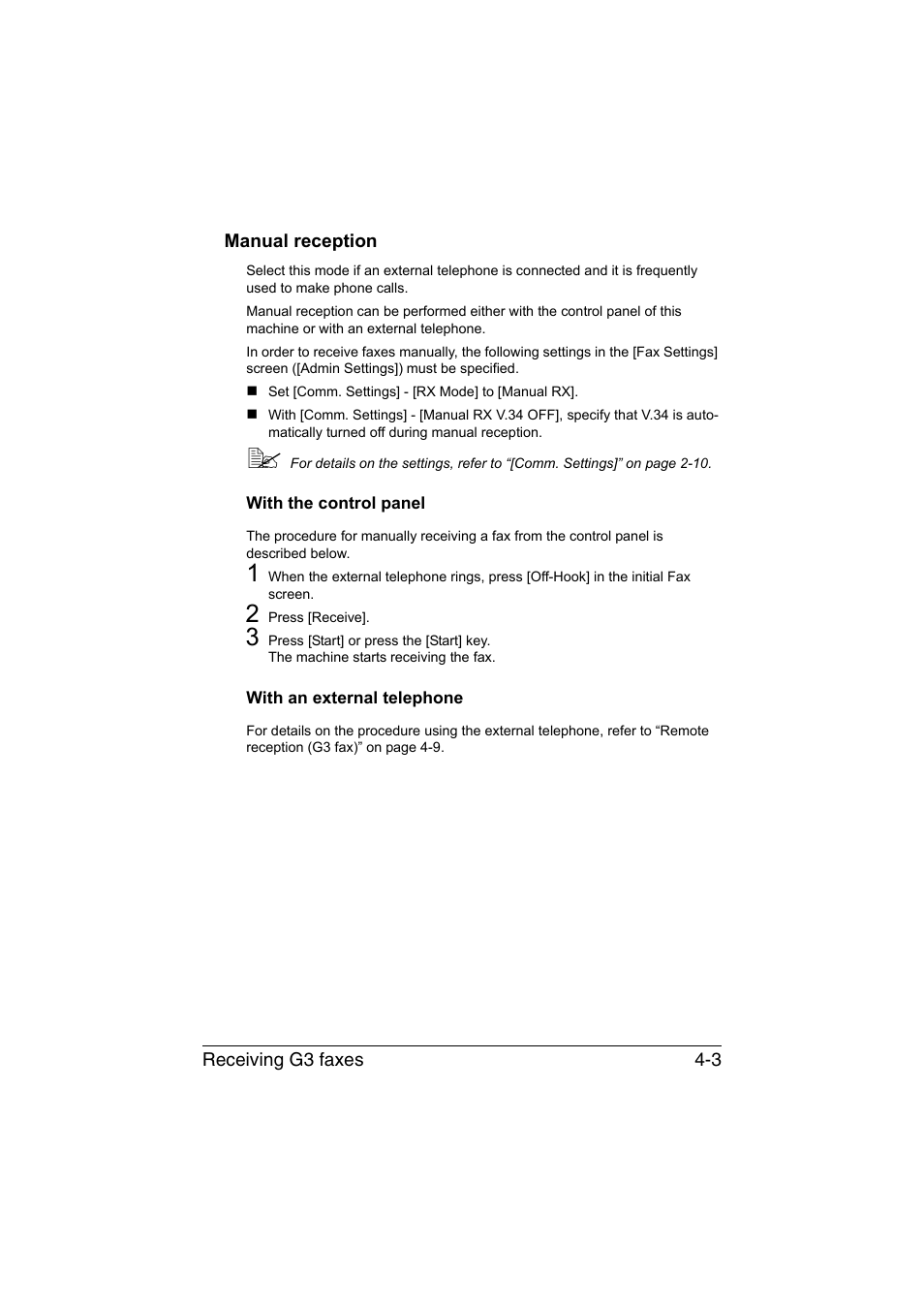 Manual reception, With the control panel, With an external telephone | Manual reception -3 | Konica Minolta bizhub C35 User Manual | Page 72 / 140