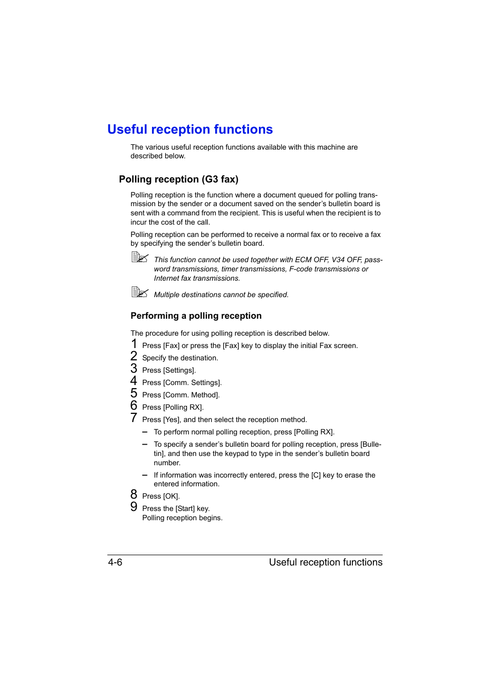 Useful reception functions, Polling reception (g3 fax), Performing a polling reception | Useful reception functions -6, Polling reception (g3 fax) -6, Performing a polling reception -6 | Konica Minolta bizhub C35 User Manual | Page 75 / 140