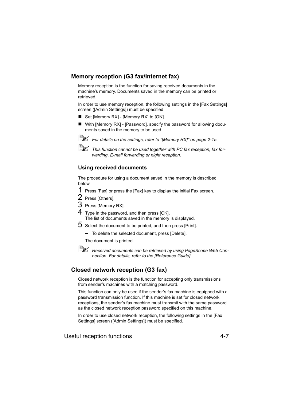 Memory reception (g3 fax/internet fax), Using received documents, Closed network reception (g3 fax) | Memory reception (g3 fax/internet fax) -7, Using received documents -7, Closed network reception (g3 fax) -7 | Konica Minolta bizhub C35 User Manual | Page 76 / 140