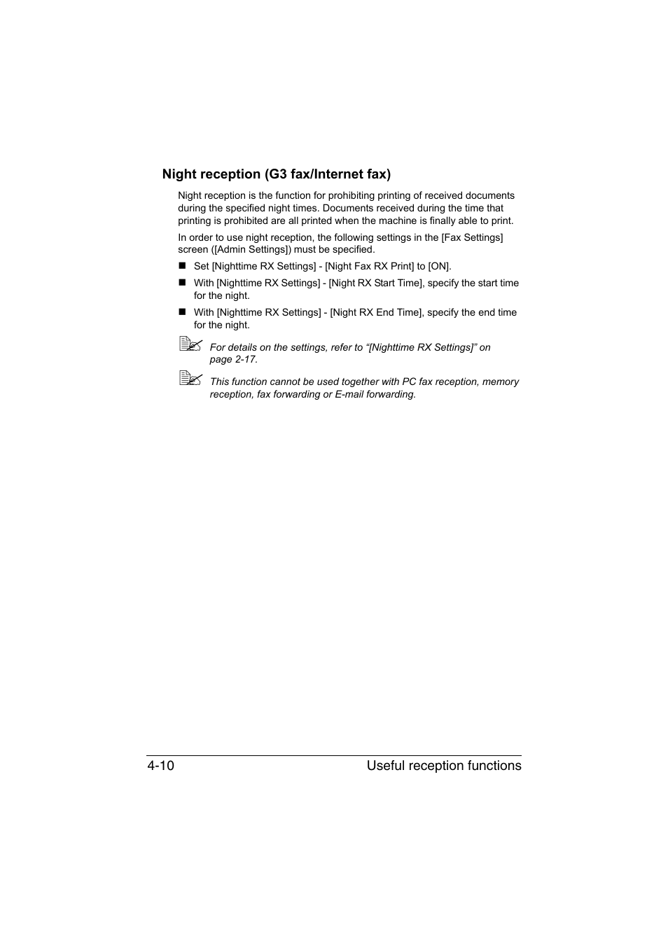 Night reception (g3 fax/internet fax), Night reception (g3 fax/internet fax) -10 | Konica Minolta bizhub C35 User Manual | Page 79 / 140