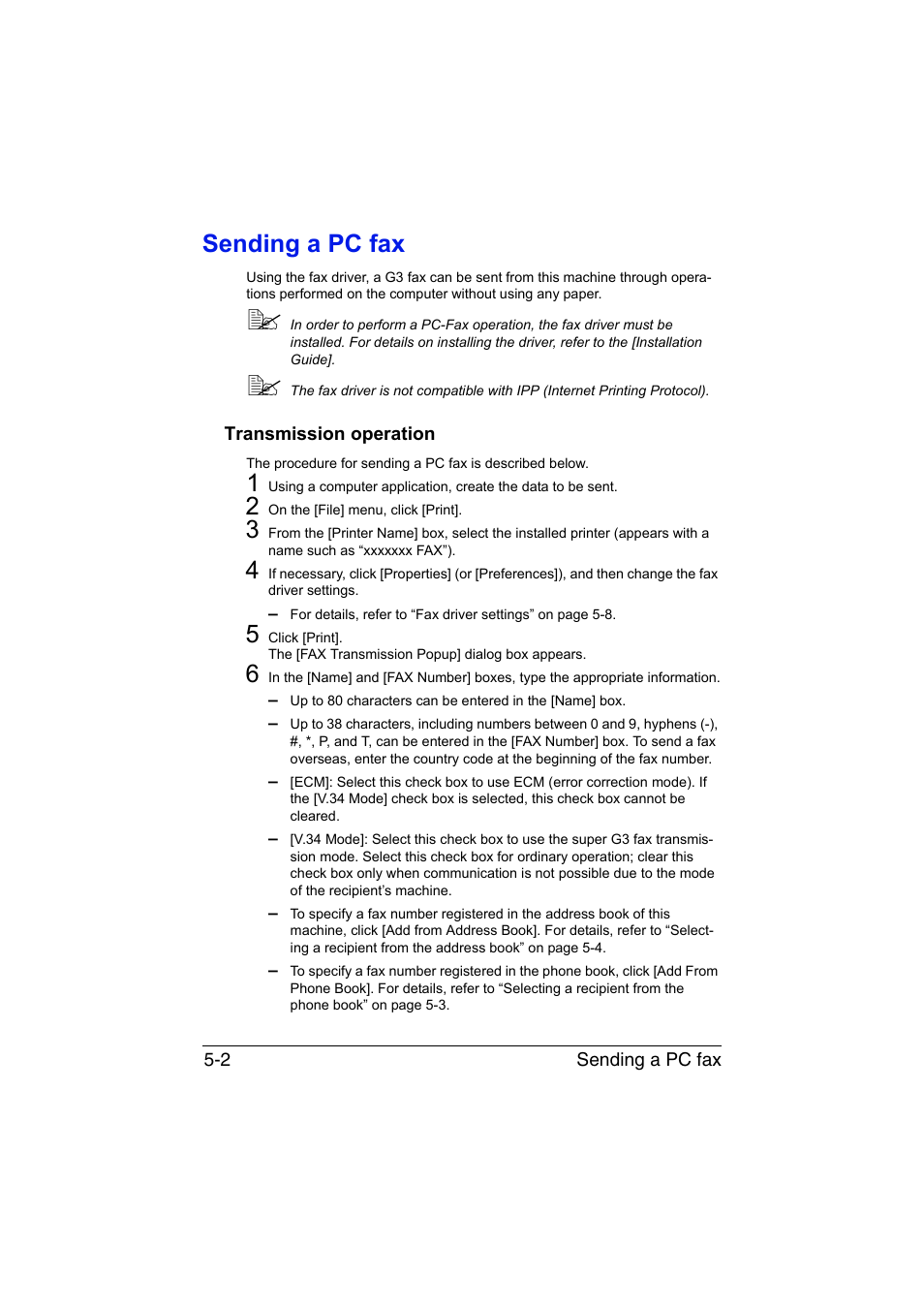 Sending a pc fax, Transmission operation, Sending a pc fax -2 | Transmission operation -2 | Konica Minolta bizhub C35 User Manual | Page 85 / 140