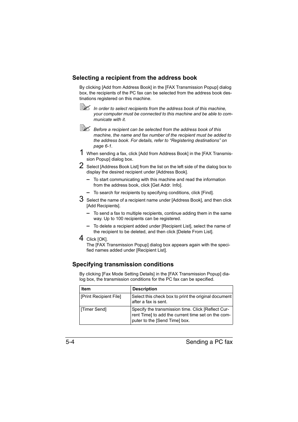 Selecting a recipient from the address book, Specifying transmission conditions | Konica Minolta bizhub C35 User Manual | Page 87 / 140