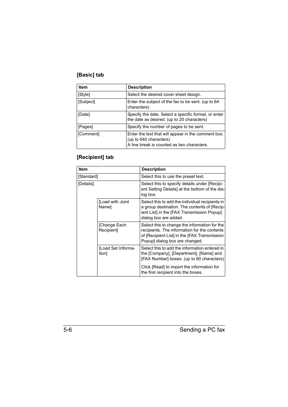 Basic] tab, Recipient] tab, Basic] tab -6 [recipient] tab -6 | Sending a pc fax 5-6 | Konica Minolta bizhub C35 User Manual | Page 89 / 140