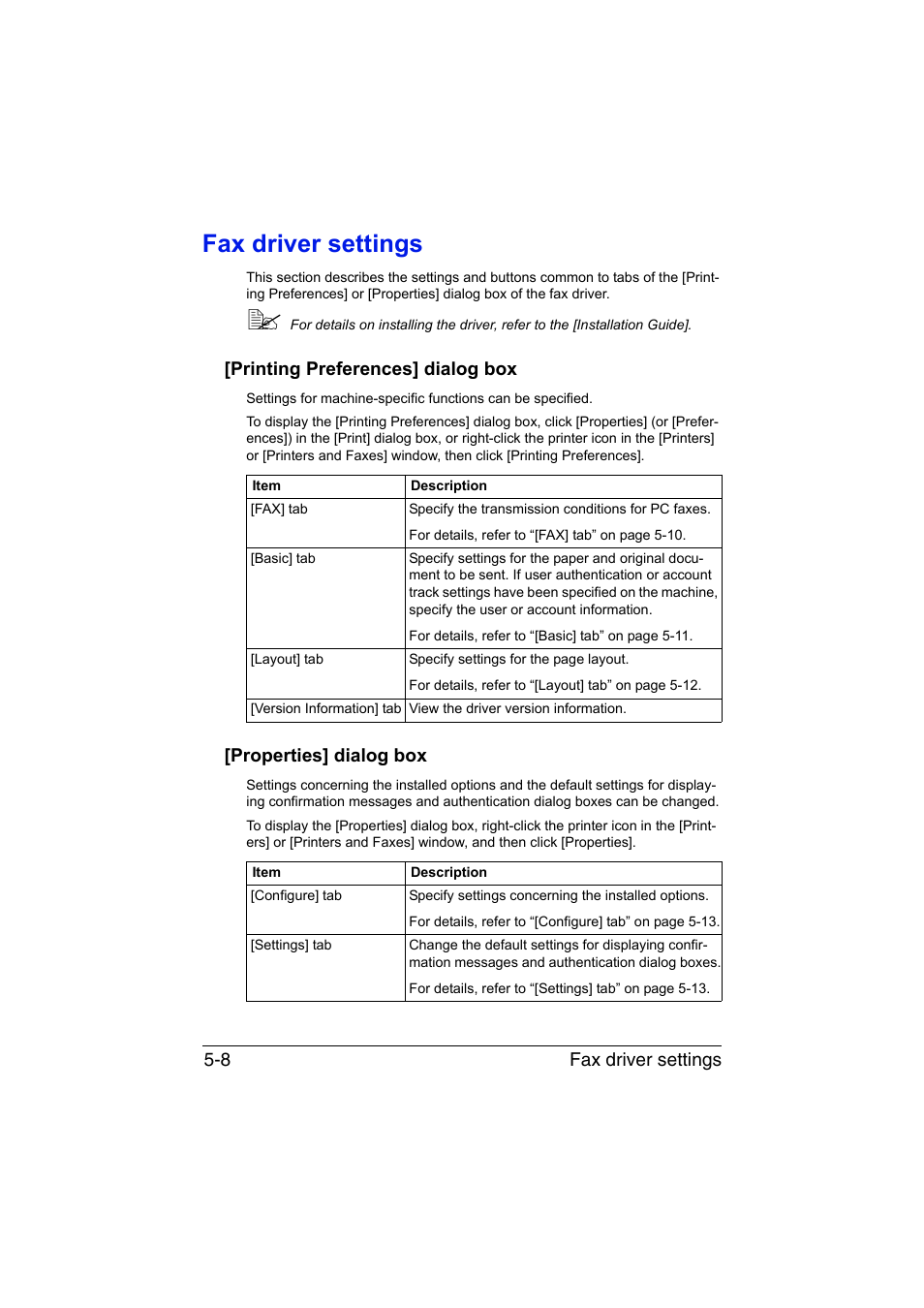 Fax driver settings, Printing preferences] dialog box, Properties] dialog box | Fax driver settings -8, Fax driver settings 5-8 | Konica Minolta bizhub C35 User Manual | Page 91 / 140