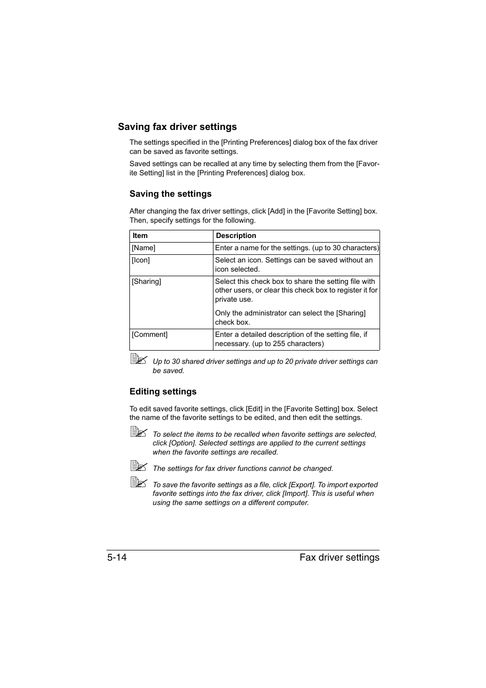 Saving fax driver settings, Saving the settings, Editing settings | Saving fax driver settings -14, Saving the settings -14 editing settings -14 | Konica Minolta bizhub C35 User Manual | Page 97 / 140