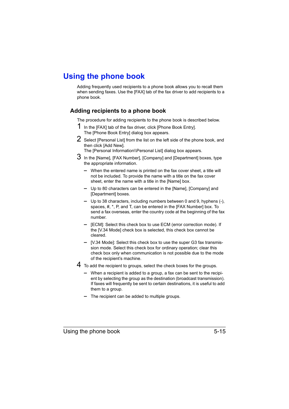 Using the phone book, Adding recipients to a phone book, Using the phone book -15 | Adding recipients to a phone book -15 | Konica Minolta bizhub C35 User Manual | Page 98 / 140