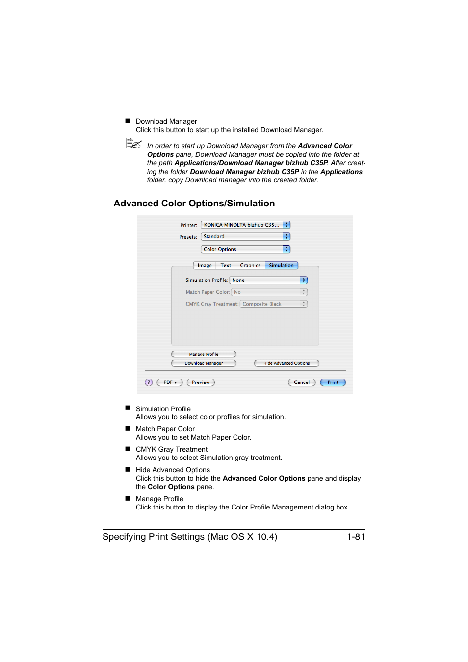 Advanced color options/simulation, Advanced color options/simulation -81 | Konica Minolta bizhub C35P User Manual | Page 106 / 409