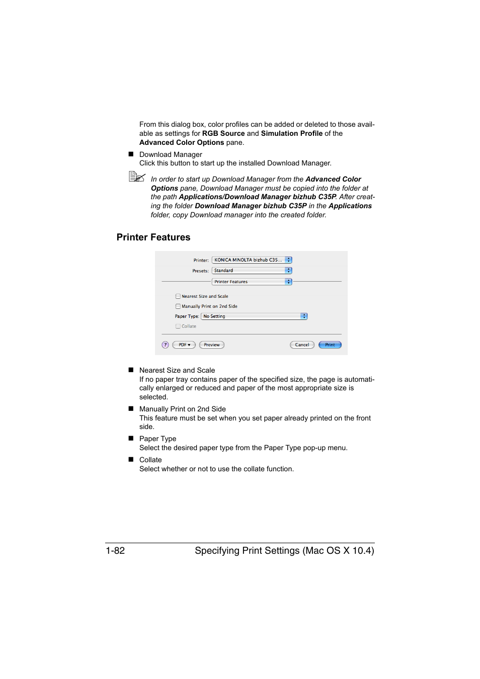 Printer features, Printer features -82 | Konica Minolta bizhub C35P User Manual | Page 107 / 409