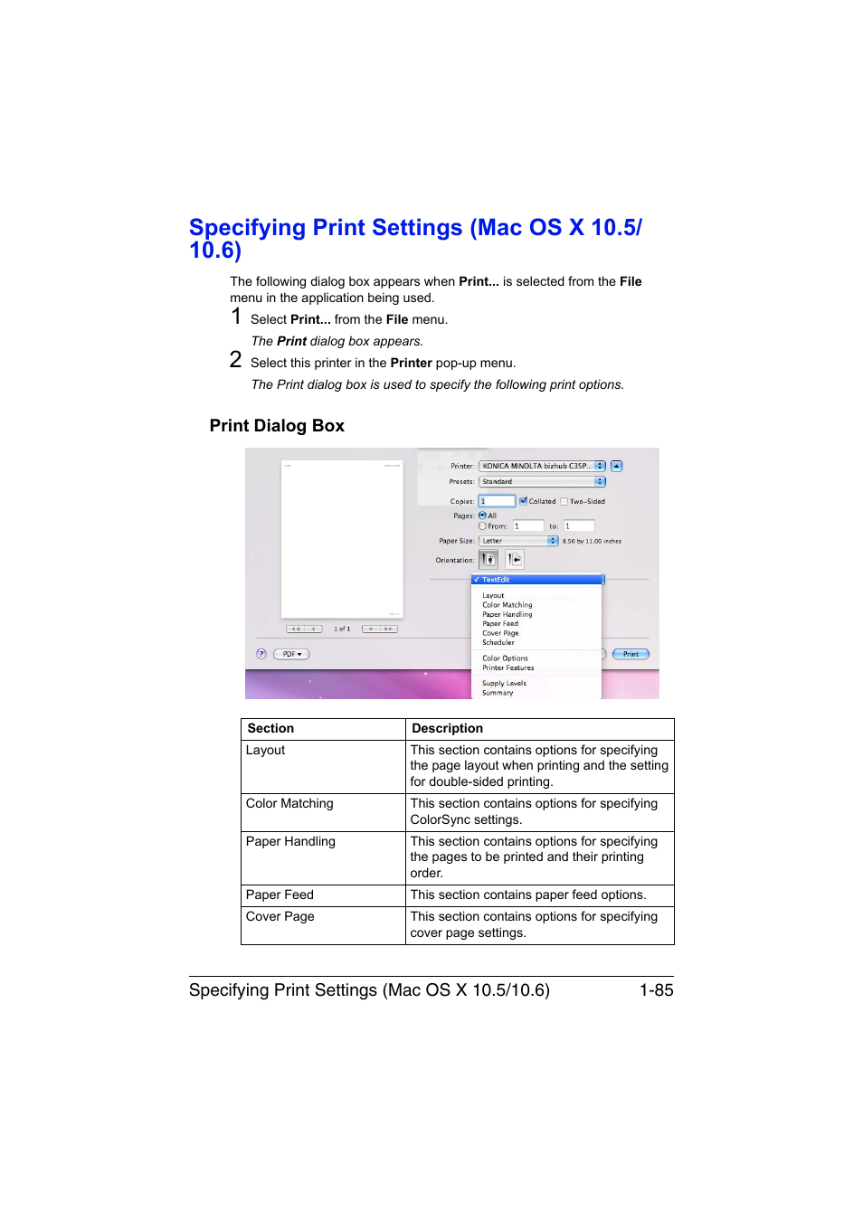 Specifying print settings (mac os x 10.5/ 10.6), Print dialog box, Specifying print settings (mac os x 10.5/10.6) -85 | Print dialog box -85 | Konica Minolta bizhub C35P User Manual | Page 110 / 409