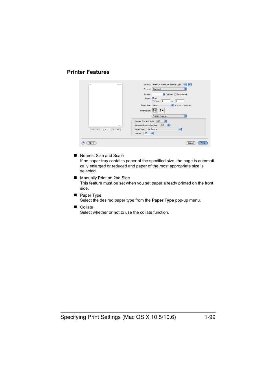 Printer features, Printer features -99 | Konica Minolta bizhub C35P User Manual | Page 124 / 409