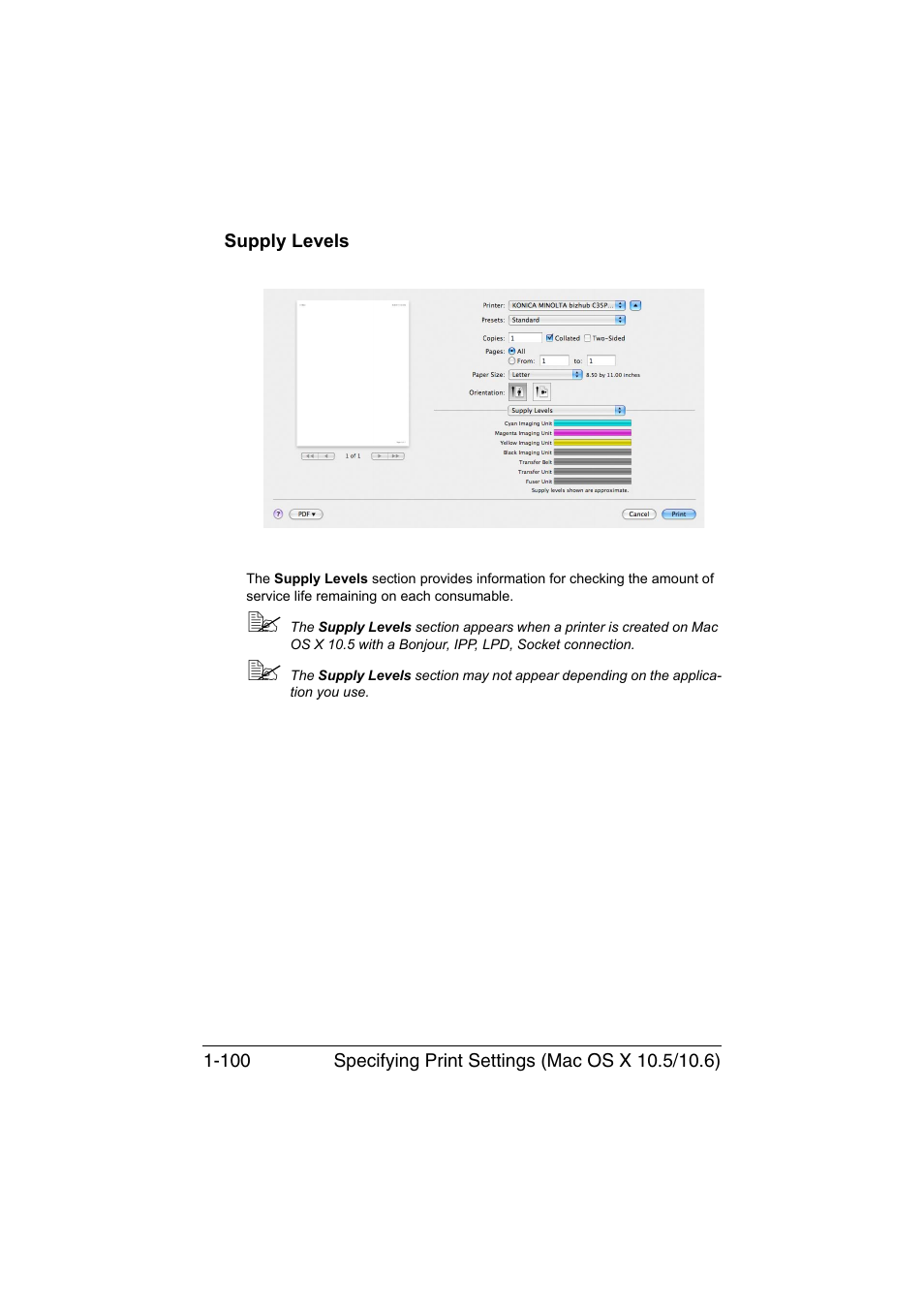 Supply levels, Supply levels -100 | Konica Minolta bizhub C35P User Manual | Page 125 / 409