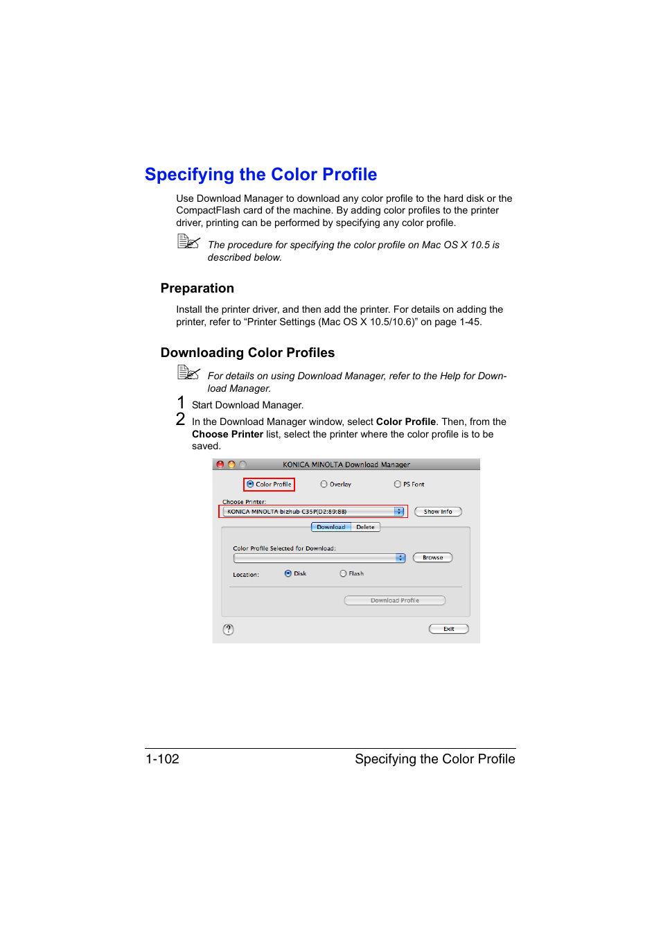 Specifying the color profile, Preparation, Downloading color profiles | Specifying the color profile -102, Preparation -102 downloading color profiles -102 | Konica Minolta bizhub C35P User Manual | Page 127 / 409