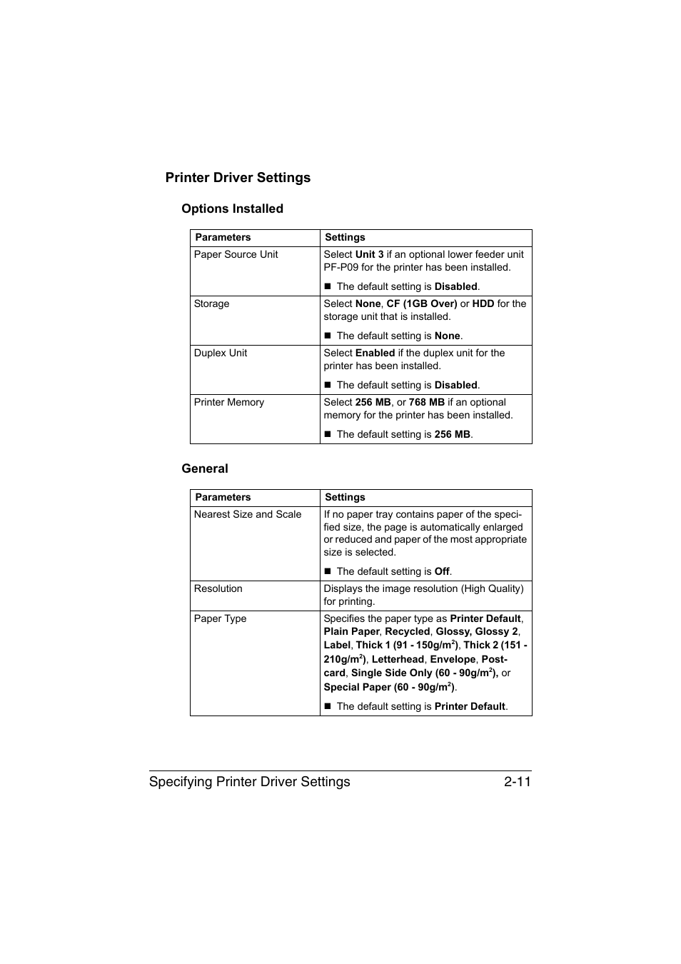 Printer driver settings, Options installed, General | Printer driver settings -11, Options installed -11 general -11 | Konica Minolta bizhub C35P User Manual | Page 146 / 409