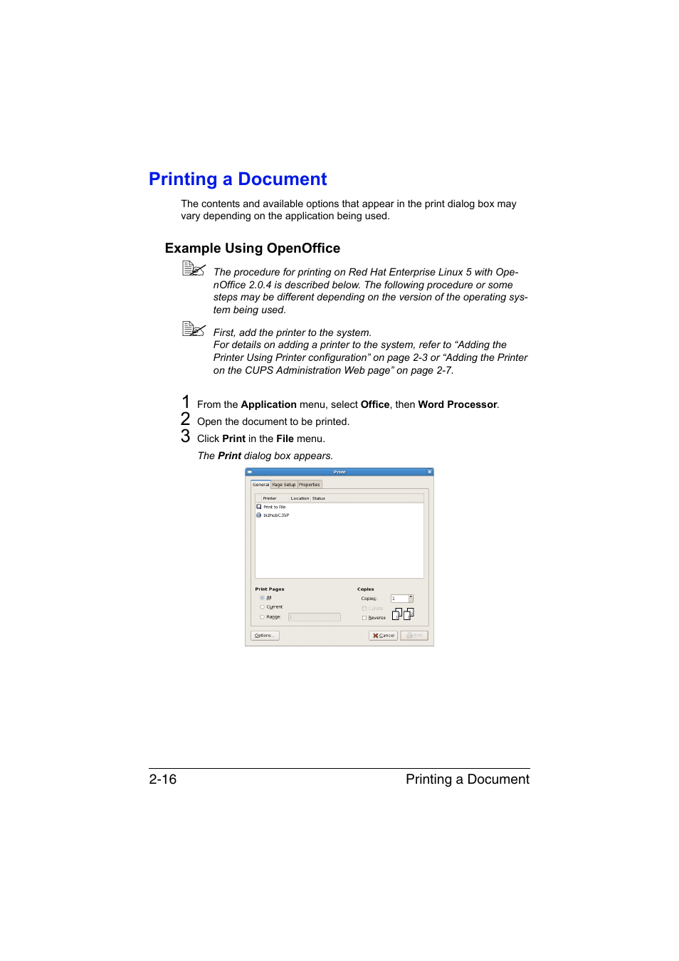 Printing a document, Example using openoffice, Printing a document -16 | Example using openoffice -16 | Konica Minolta bizhub C35P User Manual | Page 151 / 409