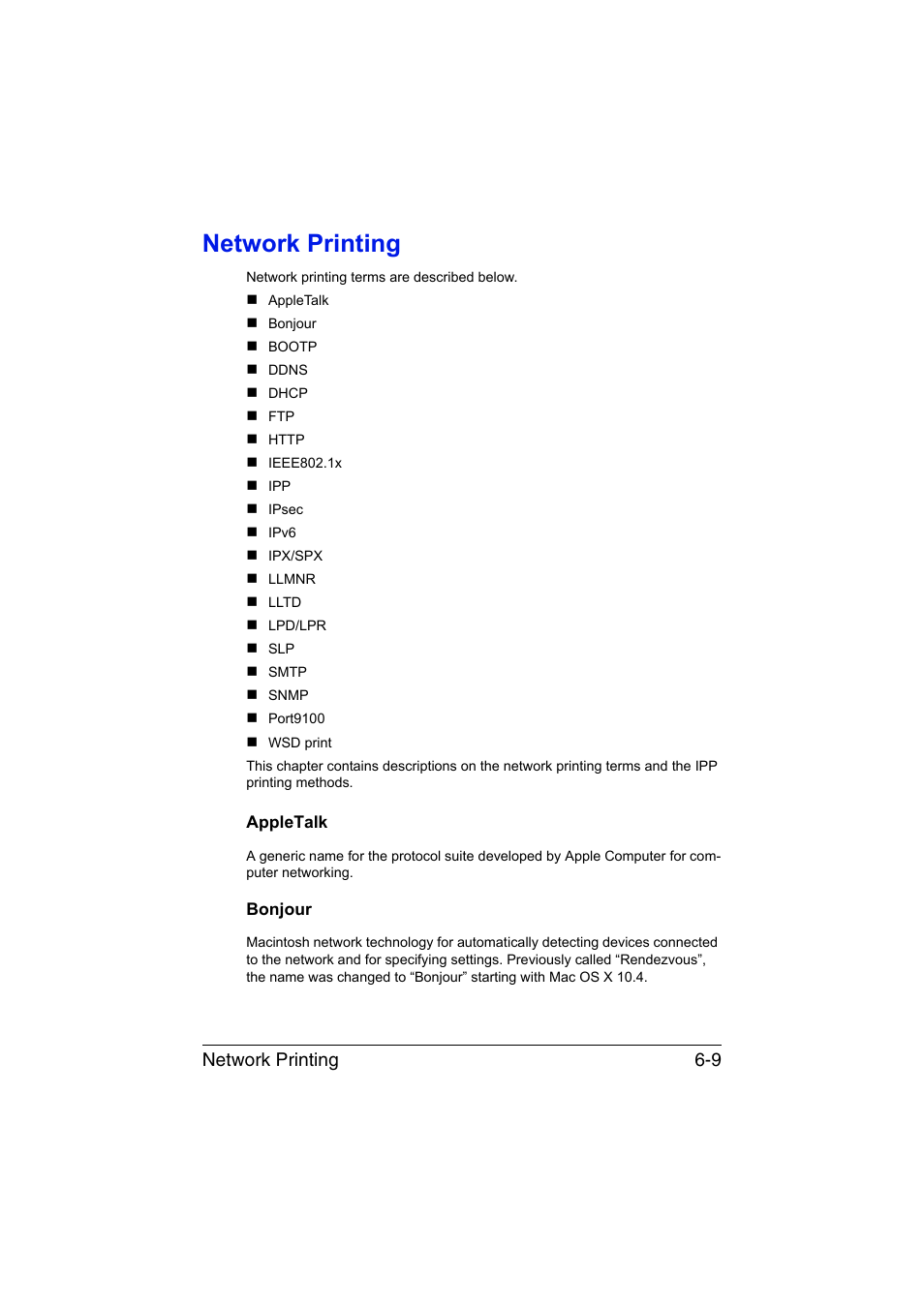 Network printing, Appletalk, Bonjour | Network printing -9, Appletalk -9 bonjour -9, Network printing 6-9 | Konica Minolta bizhub C35P User Manual | Page 188 / 409