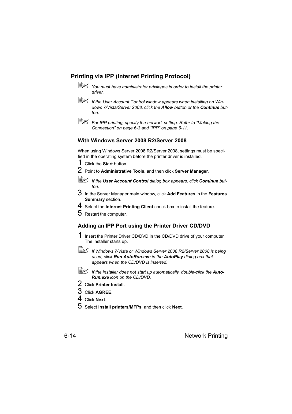 Printing via ipp (internet printing protocol), With windows server 2008 r2/server 2008, Adding an ipp port using the printer driver cd/dvd | Printing via ipp (internet printing protocol) -14 | Konica Minolta bizhub C35P User Manual | Page 193 / 409
