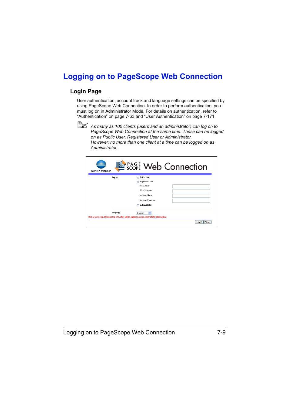 Logging on to pagescope web connection | Konica Minolta bizhub C35P User Manual | Page 228 / 409