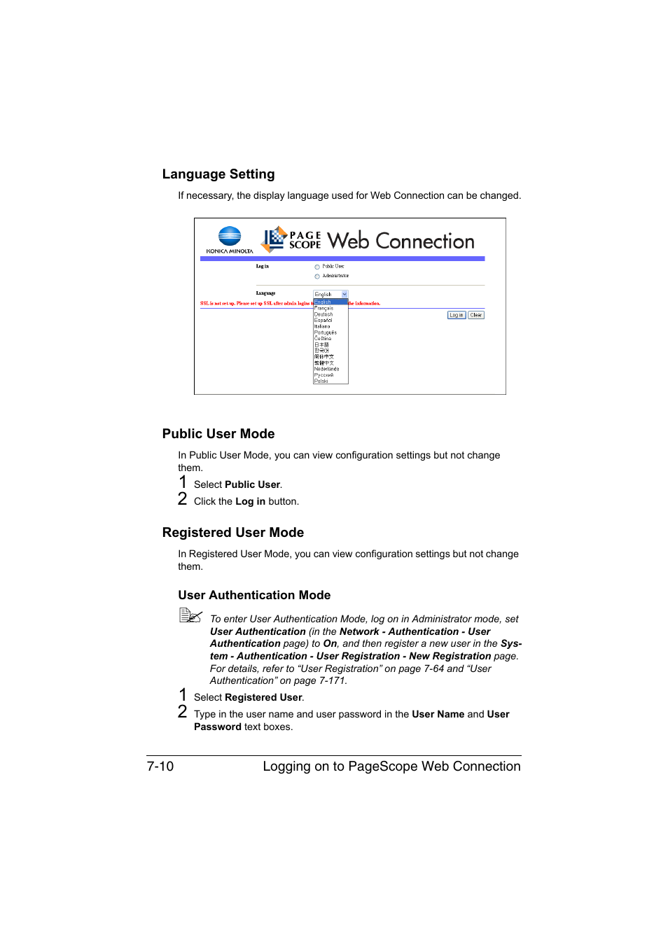 Language setting, Public user mode, Registered user mode | User authentication mode, User authentication mode -10 | Konica Minolta bizhub C35P User Manual | Page 229 / 409