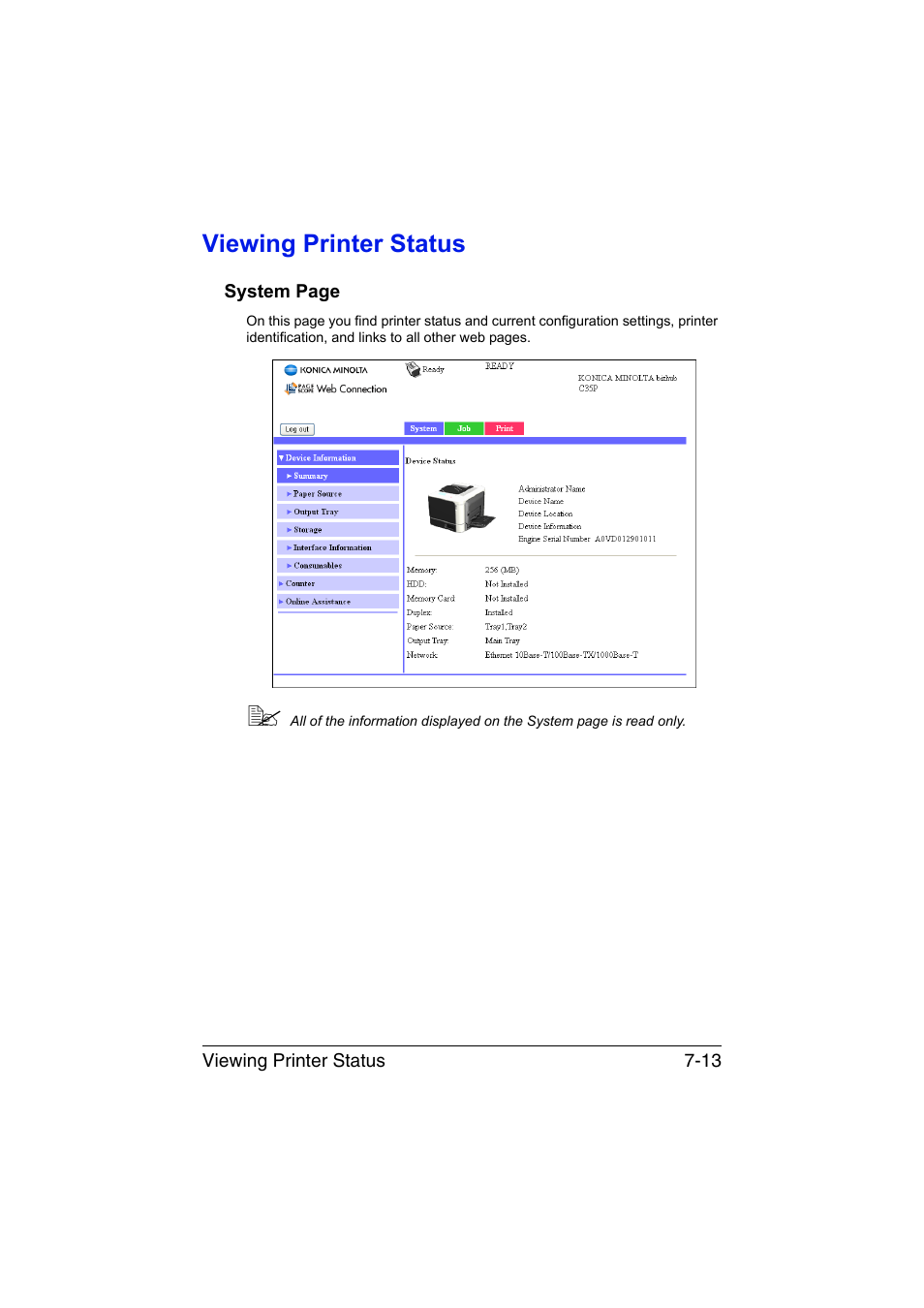 Viewing printer status, Viewing printer status -13 | Konica Minolta bizhub C35P User Manual | Page 232 / 409