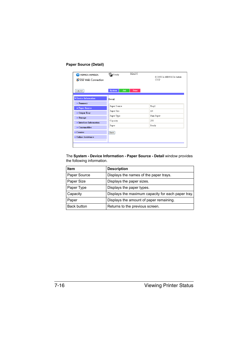 Viewing printer status 7-16 | Konica Minolta bizhub C35P User Manual | Page 235 / 409