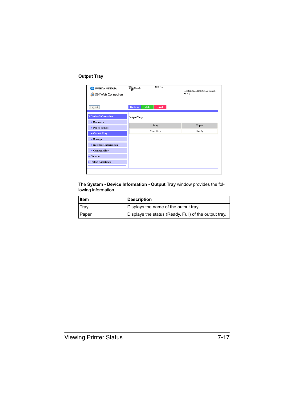 Viewing printer status 7-17 | Konica Minolta bizhub C35P User Manual | Page 236 / 409