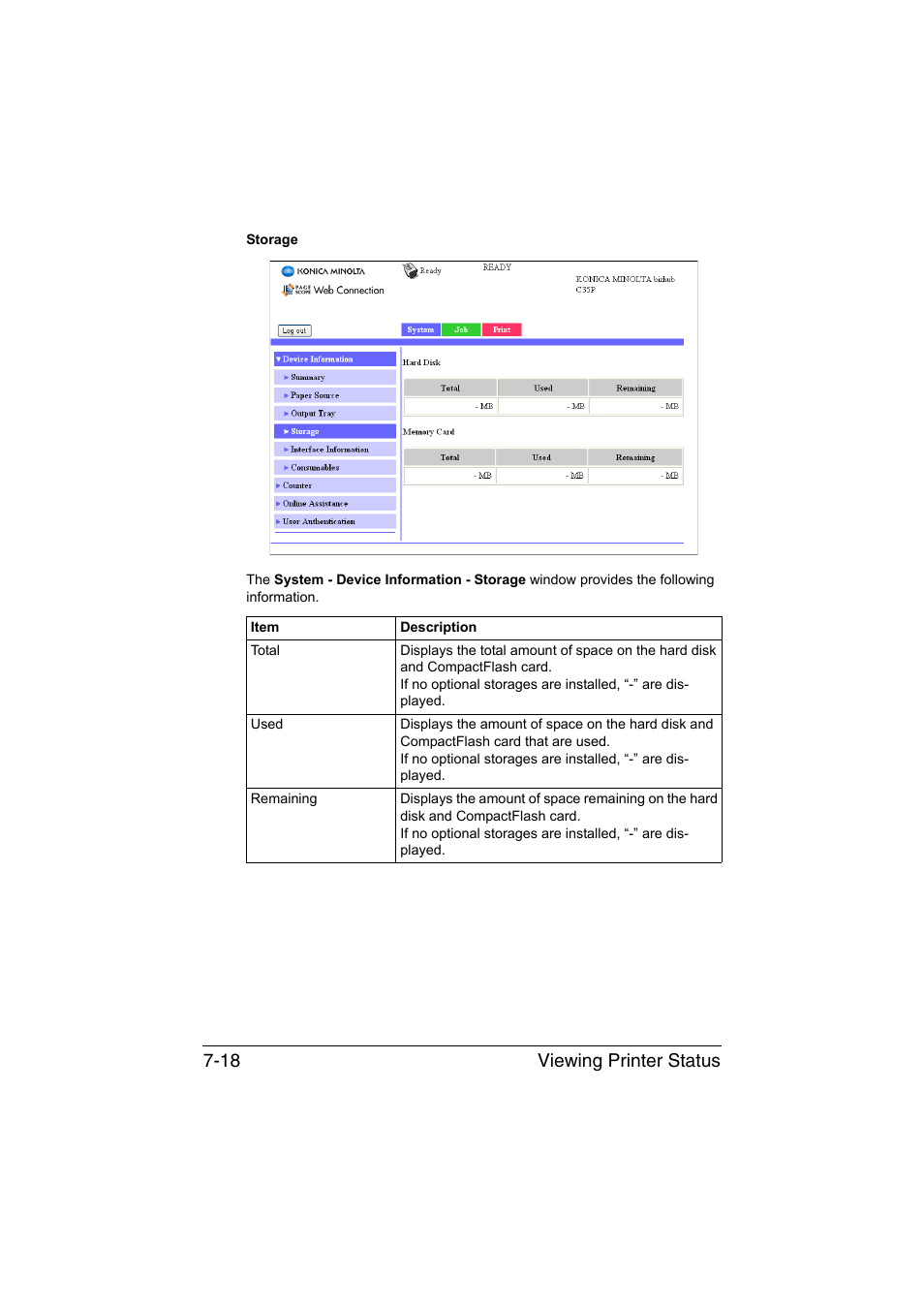 Viewing printer status 7-18 | Konica Minolta bizhub C35P User Manual | Page 237 / 409