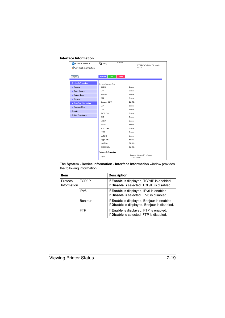 Viewing printer status 7-19 | Konica Minolta bizhub C35P User Manual | Page 238 / 409