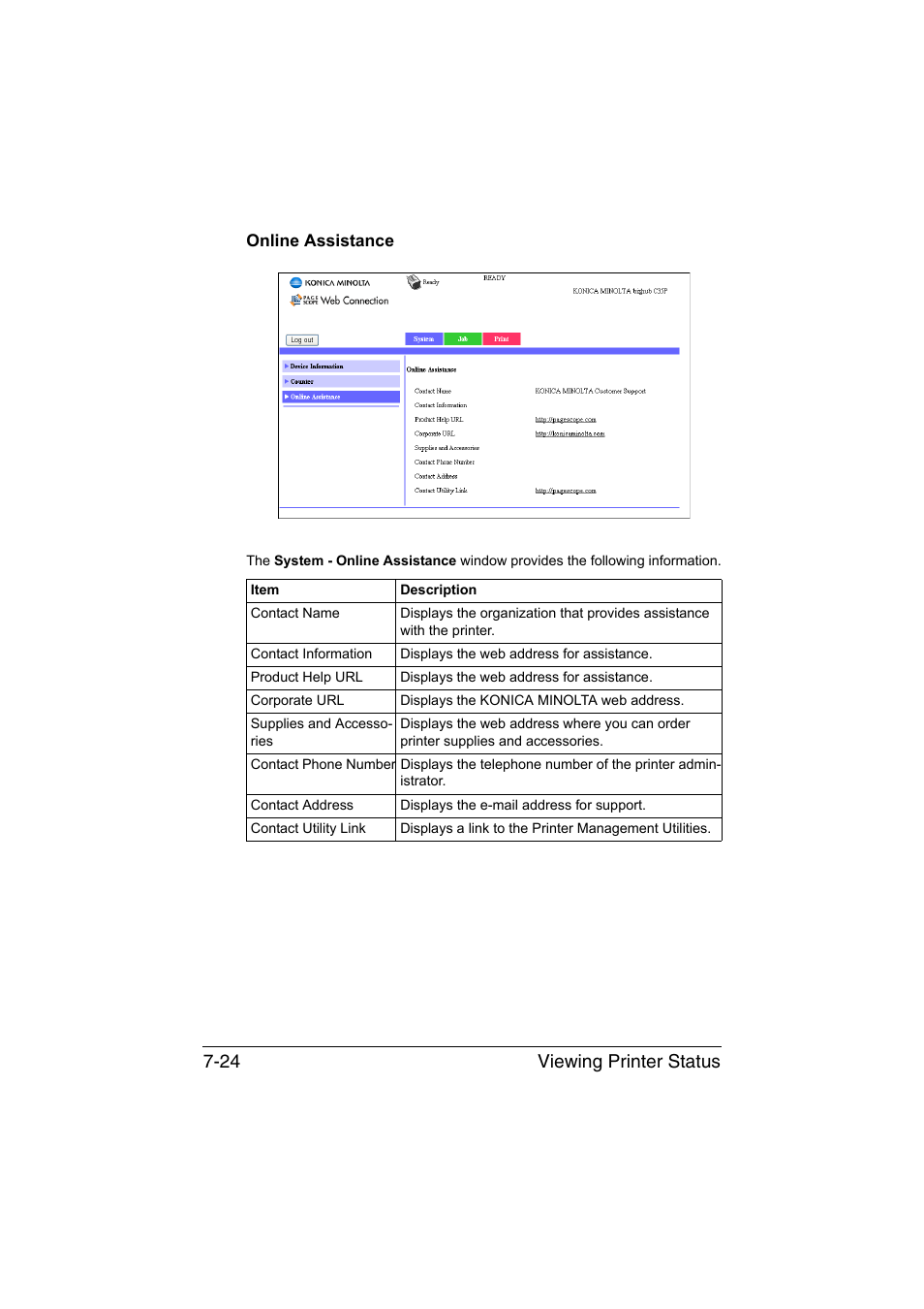 Online assistance, Online assistance -24, Viewing printer status 7-24 | Konica Minolta bizhub C35P User Manual | Page 243 / 409