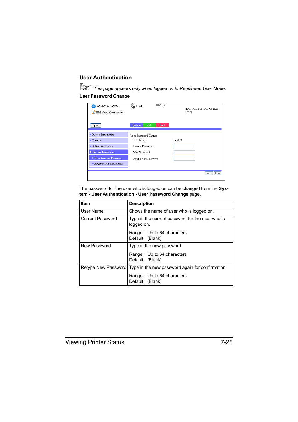 User authentication, User authentication -25, Viewing printer status 7-25 | Konica Minolta bizhub C35P User Manual | Page 244 / 409