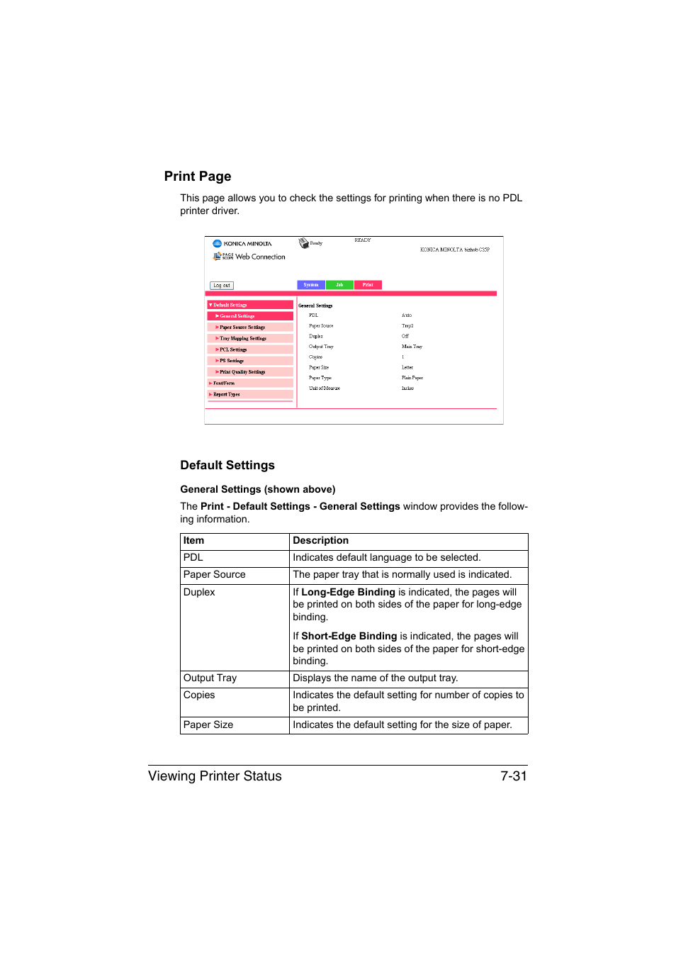 Default settings, Default settings -31, Viewing printer status 7-31 print page | Konica Minolta bizhub C35P User Manual | Page 250 / 409