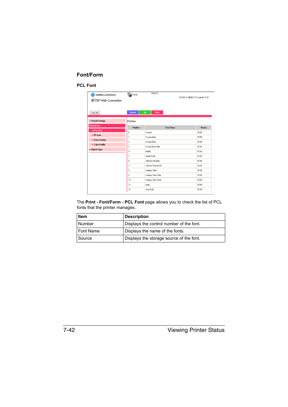 Font/form, Font/form -42, Viewing printer status 7-42 | Konica Minolta bizhub C35P User Manual | Page 261 / 409