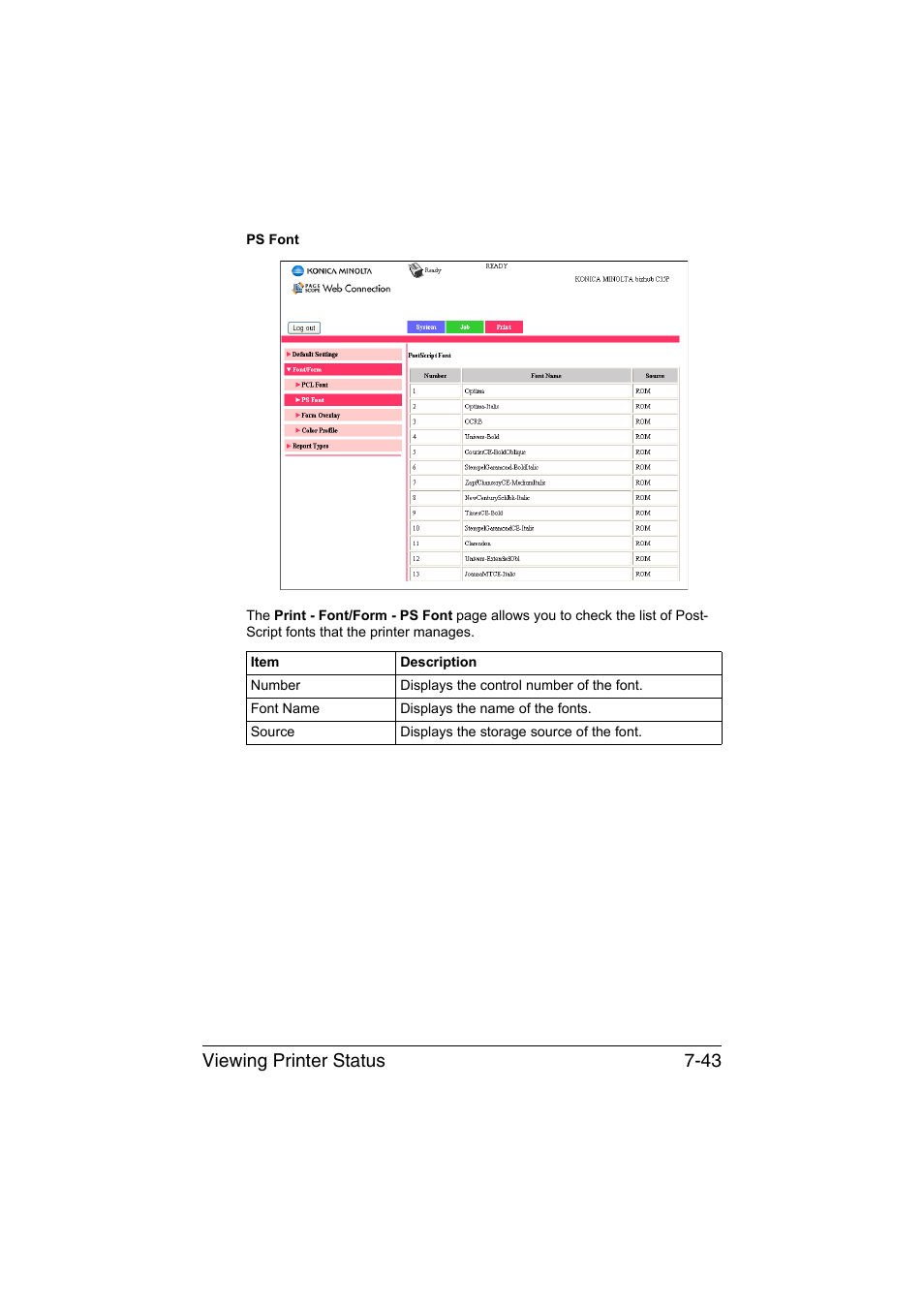 Viewing printer status 7-43 | Konica Minolta bizhub C35P User Manual | Page 262 / 409