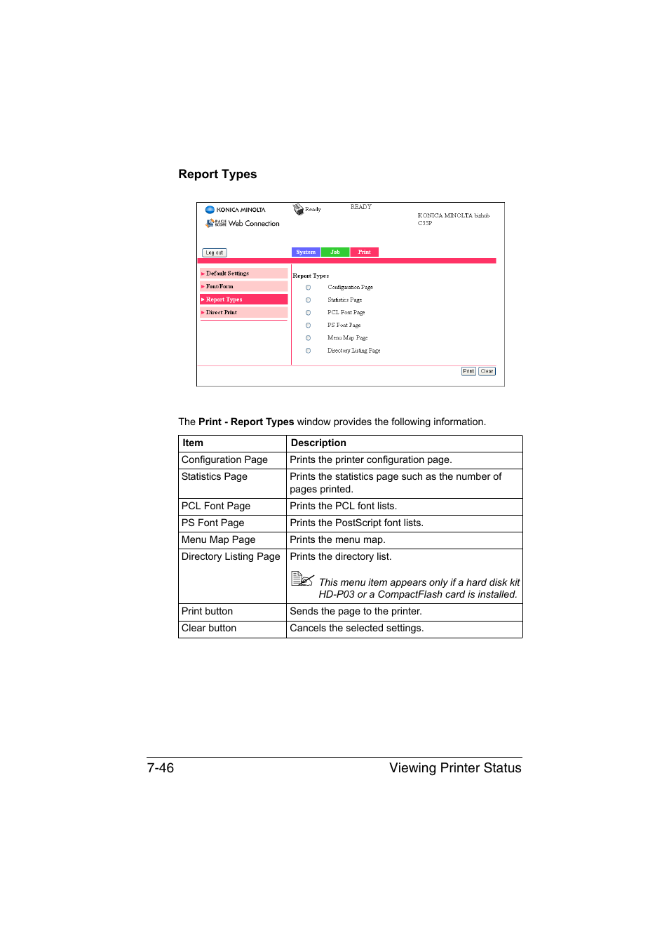 Report types, Report types -46, Viewing printer status 7-46 | Konica Minolta bizhub C35P User Manual | Page 265 / 409