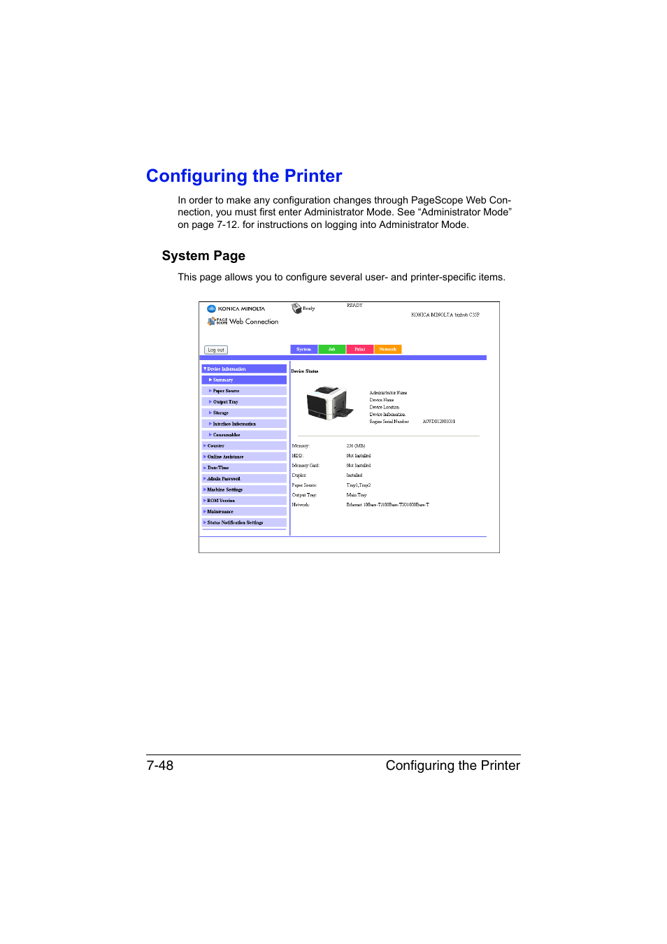 Configuring the printer, Configuring the printer -48 | Konica Minolta bizhub C35P User Manual | Page 267 / 409