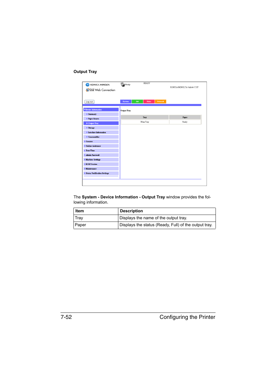 Configuring the printer 7-52 | Konica Minolta bizhub C35P User Manual | Page 271 / 409