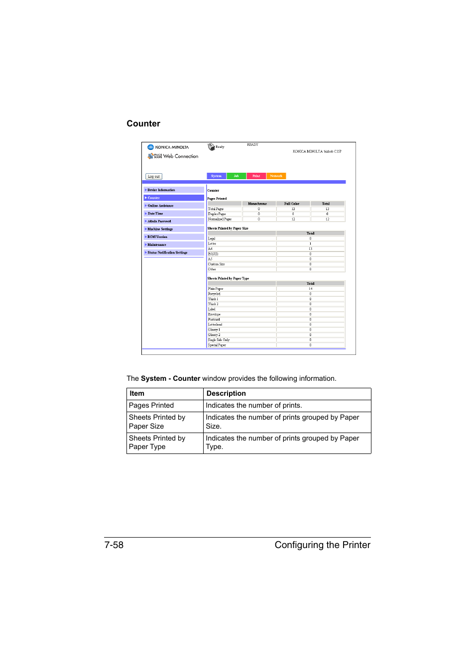 Counter, Counter -58, Configuring the printer 7-58 | Konica Minolta bizhub C35P User Manual | Page 277 / 409