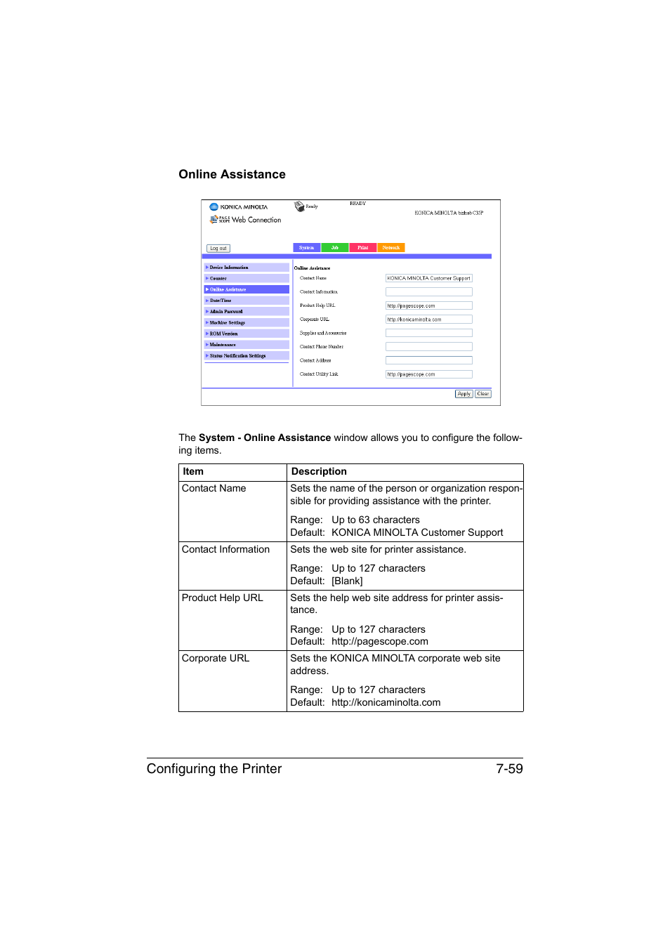 Online assistance, Online assistance -59, Configuring the printer 7-59 | Konica Minolta bizhub C35P User Manual | Page 278 / 409