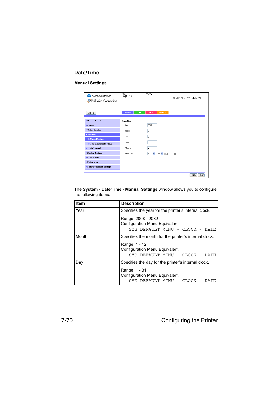 Date/time, Date/time -70, Configuring the printer 7-70 | Konica Minolta bizhub C35P User Manual | Page 289 / 409