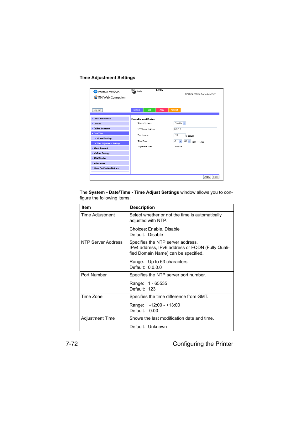 Configuring the printer 7-72 | Konica Minolta bizhub C35P User Manual | Page 291 / 409