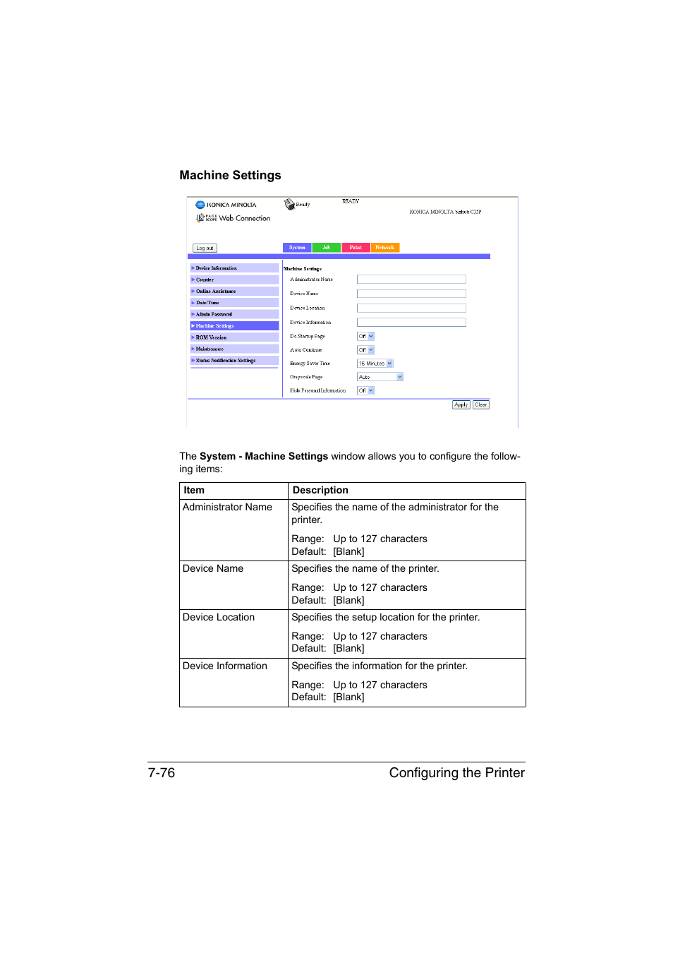 Machine settings, Machine settings -76, Configuring the printer 7-76 | Konica Minolta bizhub C35P User Manual | Page 295 / 409