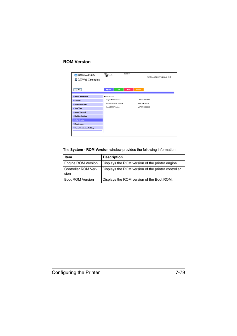 Rom version, Rom version -79, Configuring the printer 7-79 | Konica Minolta bizhub C35P User Manual | Page 298 / 409