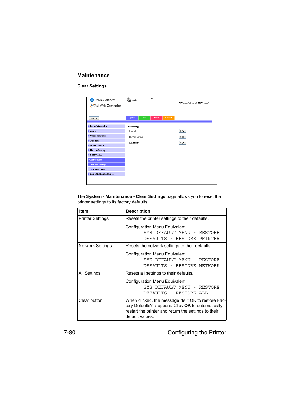 Maintenance, Maintenance -80, Configuring the printer 7-80 | Konica Minolta bizhub C35P User Manual | Page 299 / 409