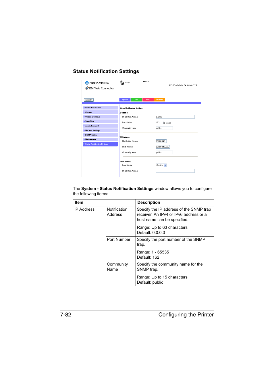 Status notification settings, Status notification settings -82, Configuring the printer 7-82 | Konica Minolta bizhub C35P User Manual | Page 301 / 409