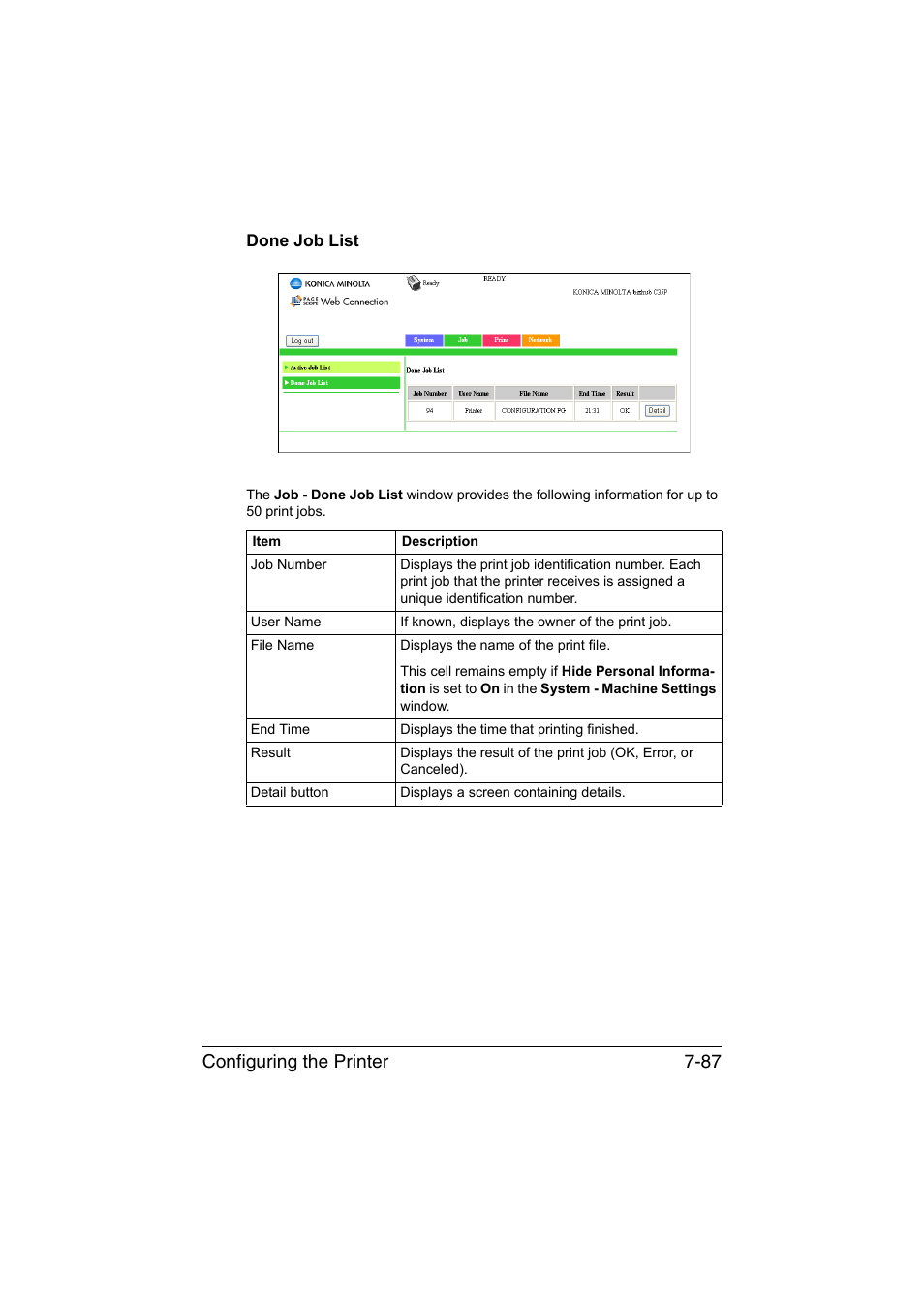 Done job list, Done job list -87, Configuring the printer 7-87 | Konica Minolta bizhub C35P User Manual | Page 306 / 409