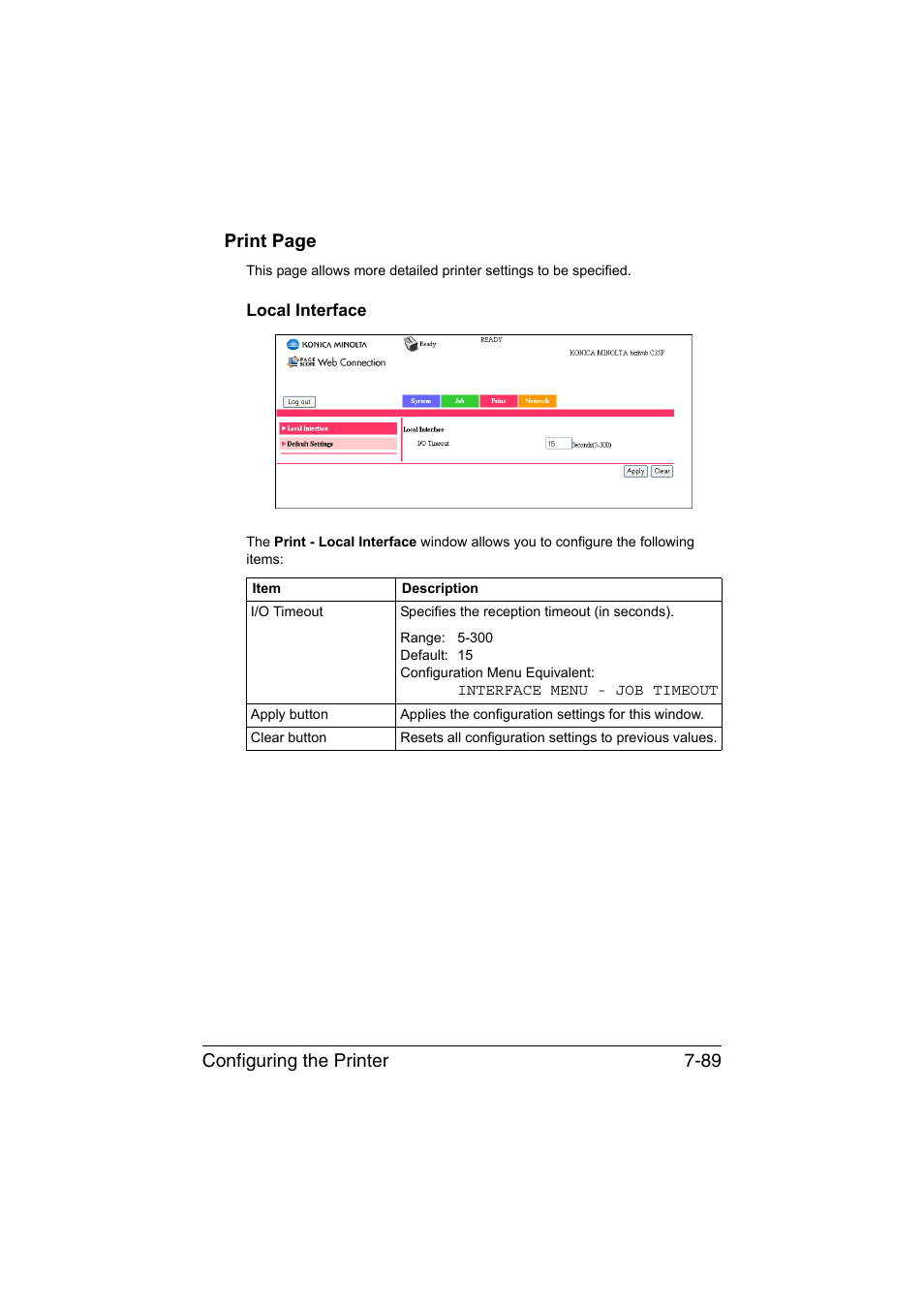 Local interface, Local interface -89, Configuring the printer 7-89 print page | Konica Minolta bizhub C35P User Manual | Page 308 / 409