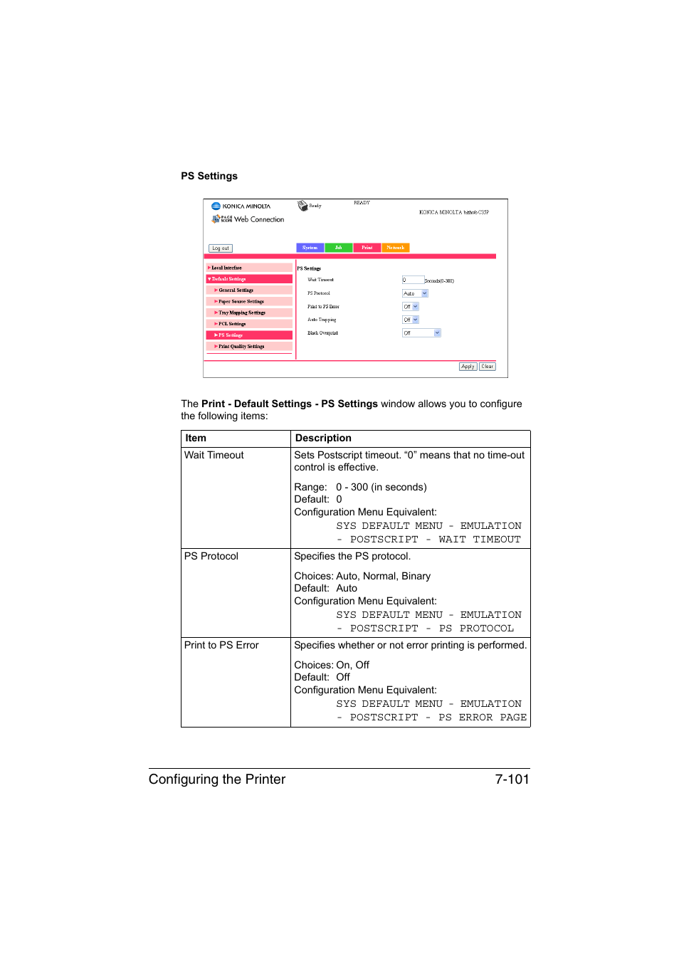 Configuring the printer 7-101 | Konica Minolta bizhub C35P User Manual | Page 320 / 409
